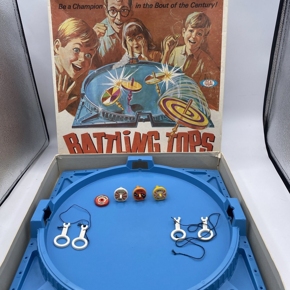 Vintage Battling Tops Game by IDEAL 4 Tops 4 Pullers 3 Pegs Box 1969